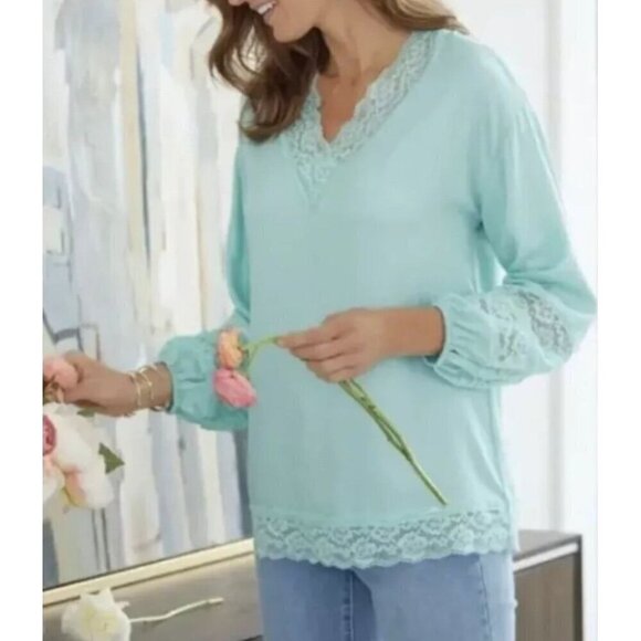 Soft Surroundings Women's Claudia Teal Dust Lace Pebbled Crepe Blouse Size L - Picture 1 of 14